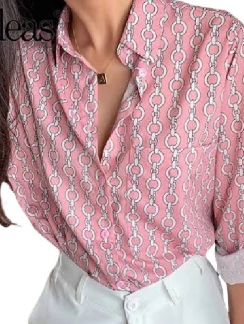 Zara Pink Chain Print Silky Button Front Blouse Size Small